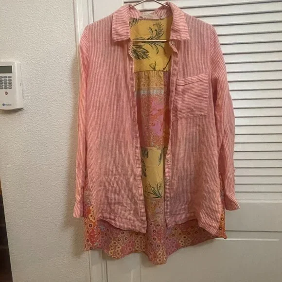 Soft Surroundings Pink Pinstripe Patchwork Back Button-Up XS - Picture 4 of 15